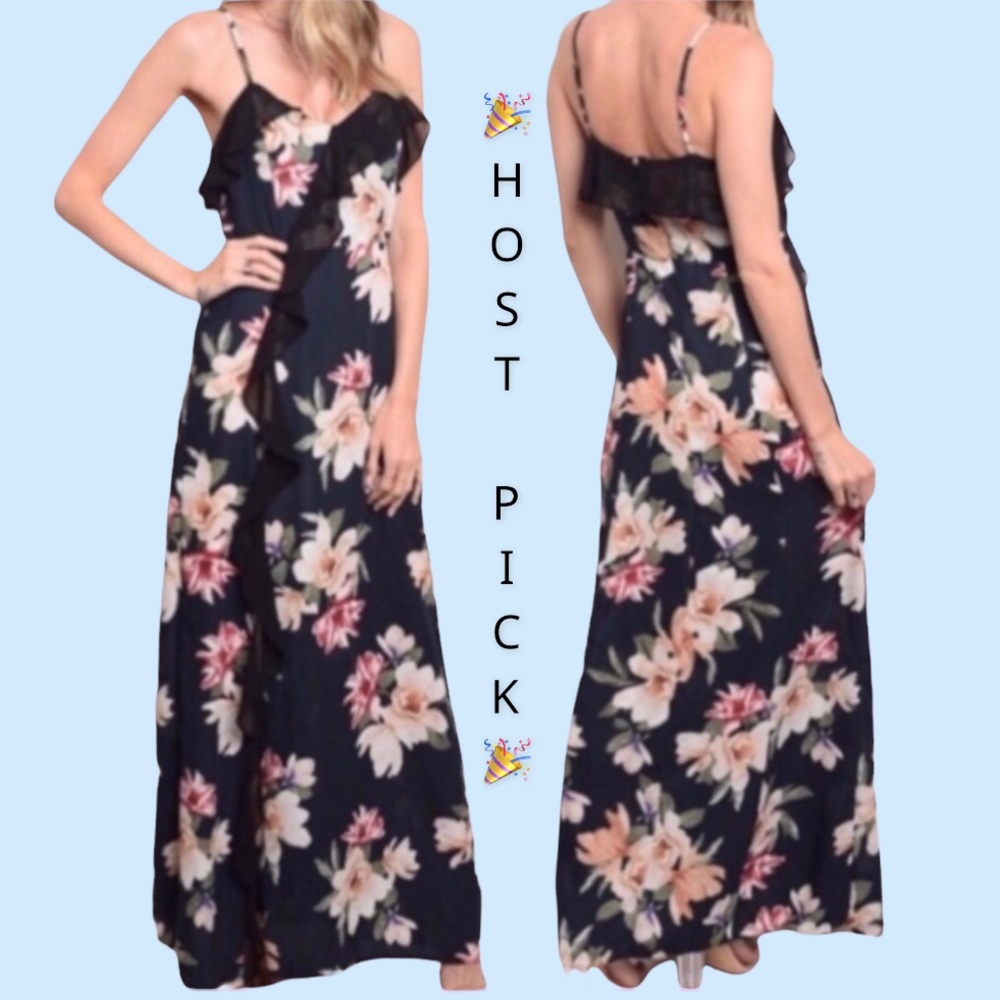 BLACK FLORAL RUFFLED DETAIL MAXI DRESS - Picture 1 of 10